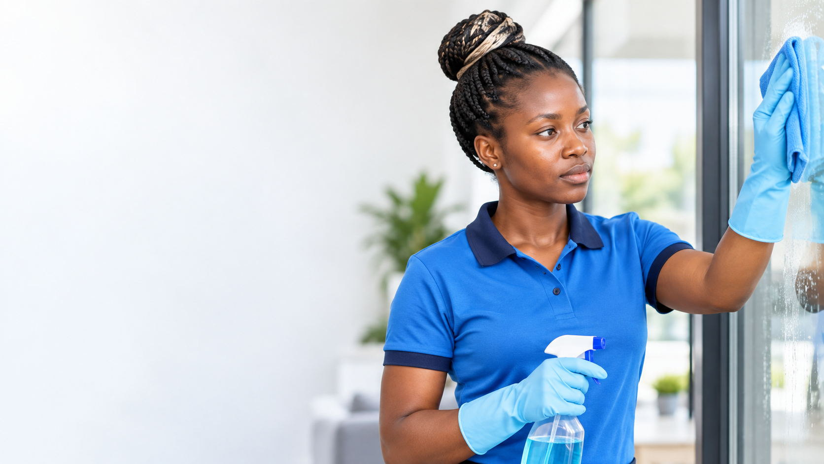 Professional cleaner wiping glass