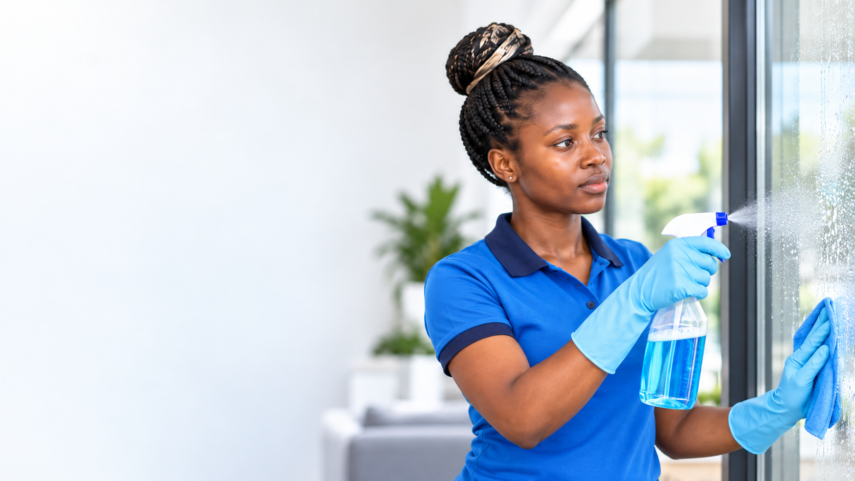 Professional cleaner spraying glass